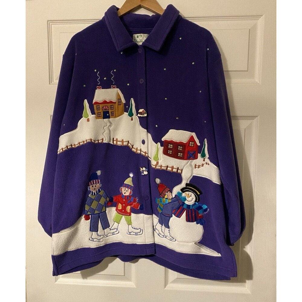 Quaker Factory winter fleece button up Shacket embroidered winter scene size 1X